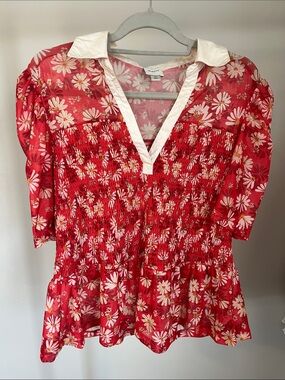 Anthropologie (Maeve) Red Daisy Smocked V-Neck Blouse with White Collar